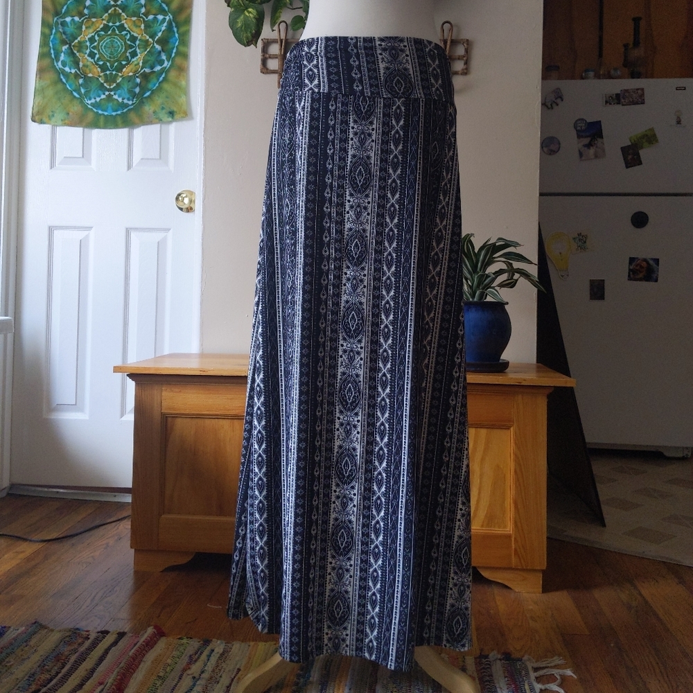 Large Maxi Skirt Black White Boho Printed